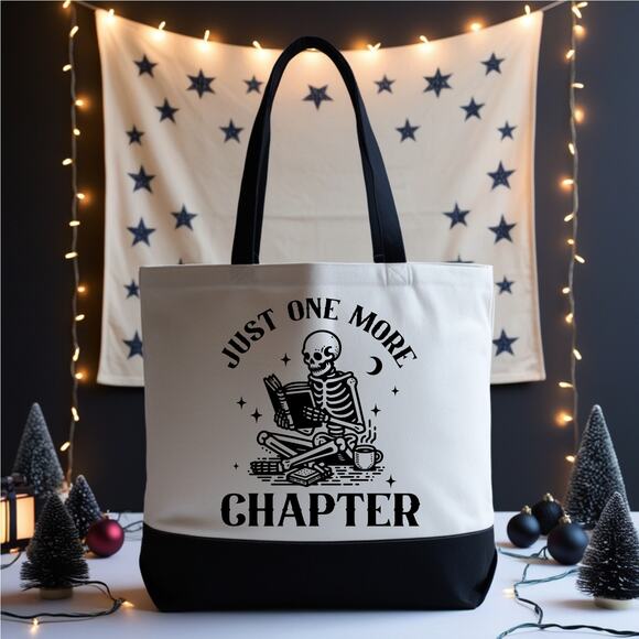 Just One More Chapter Skeleton Reader Tote Bibliophile Book Bag - Picture 4 of 5